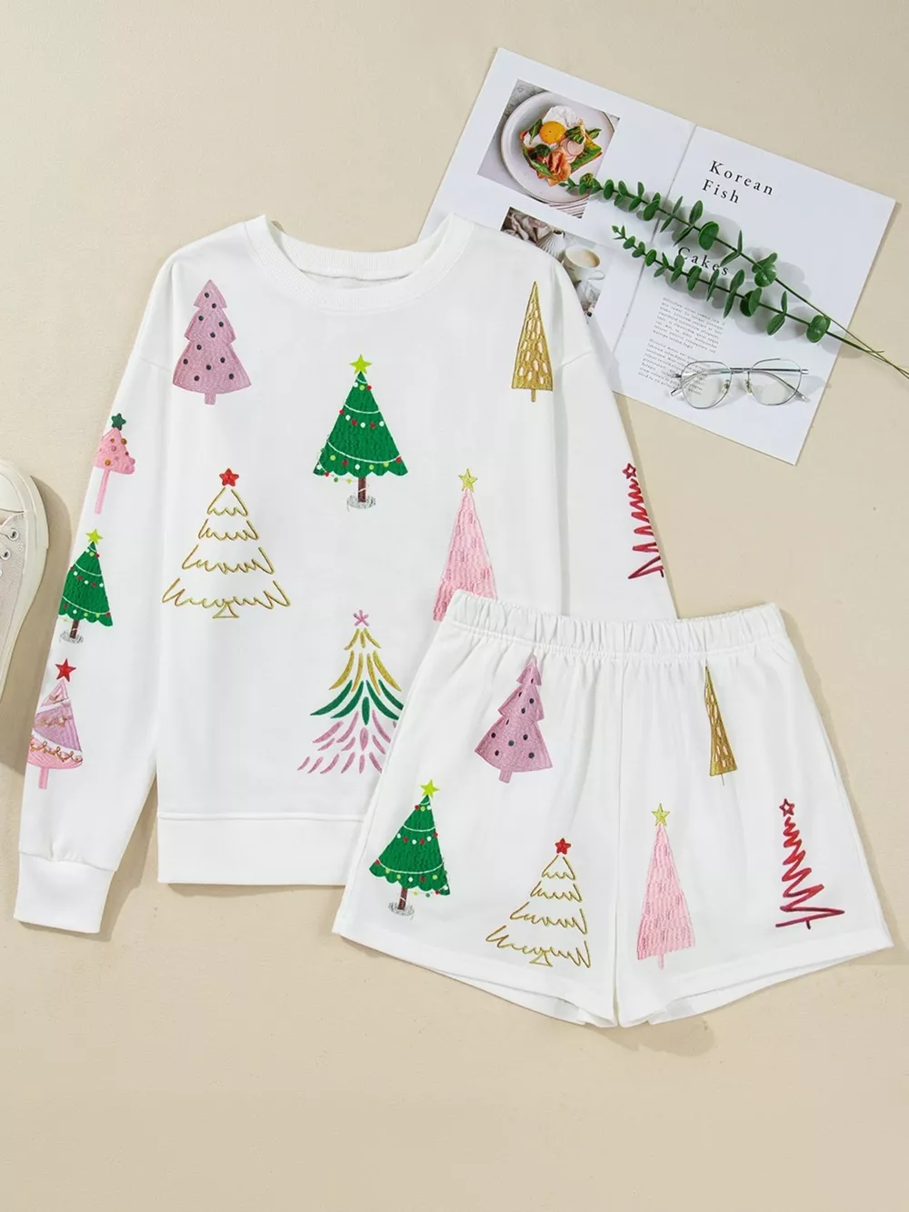 Christmas Tree Round Neck Top and Shorts Set, image 6