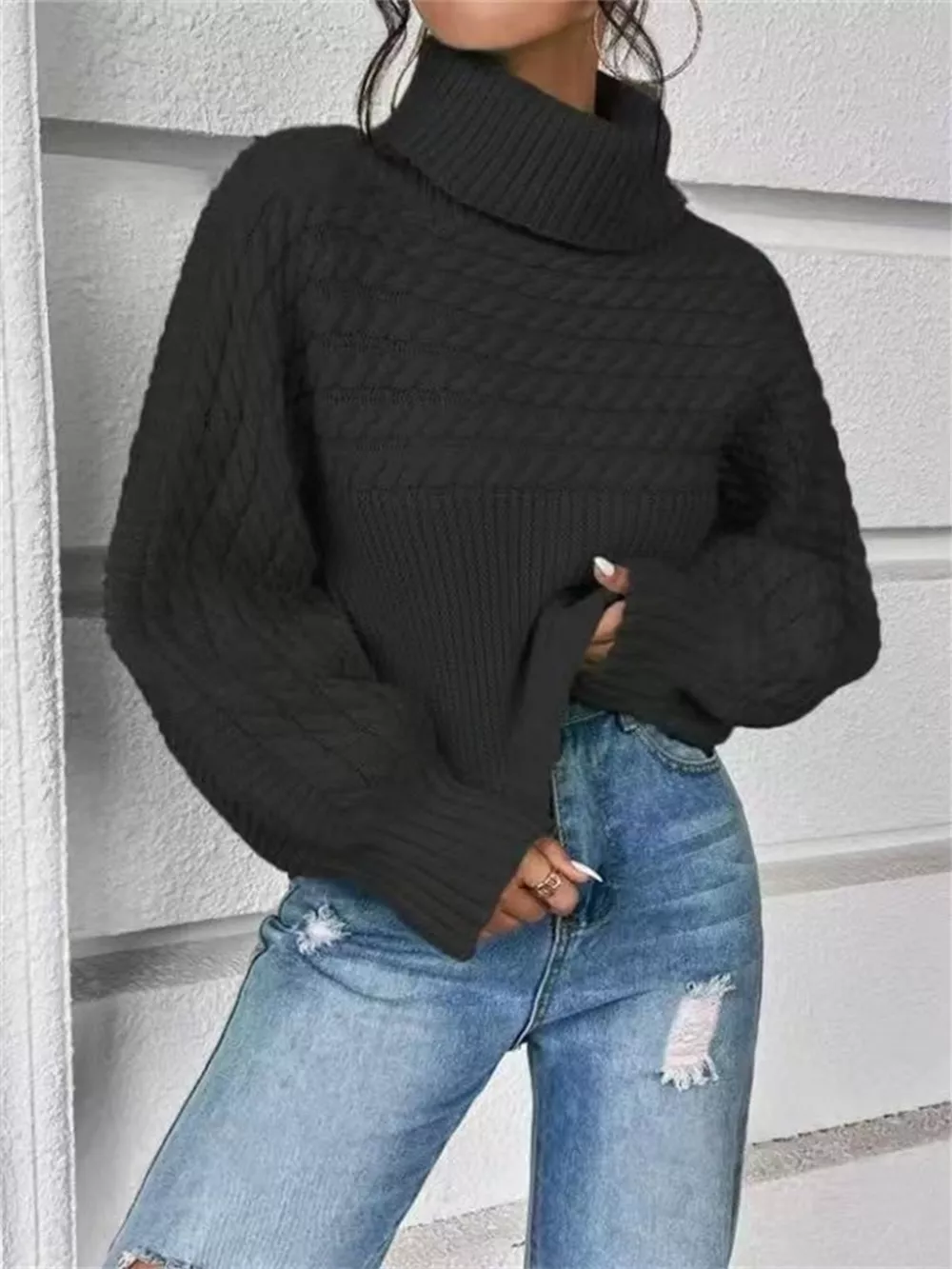 Textured Knit Turtleneck Long Sleeve Sweater, image 10