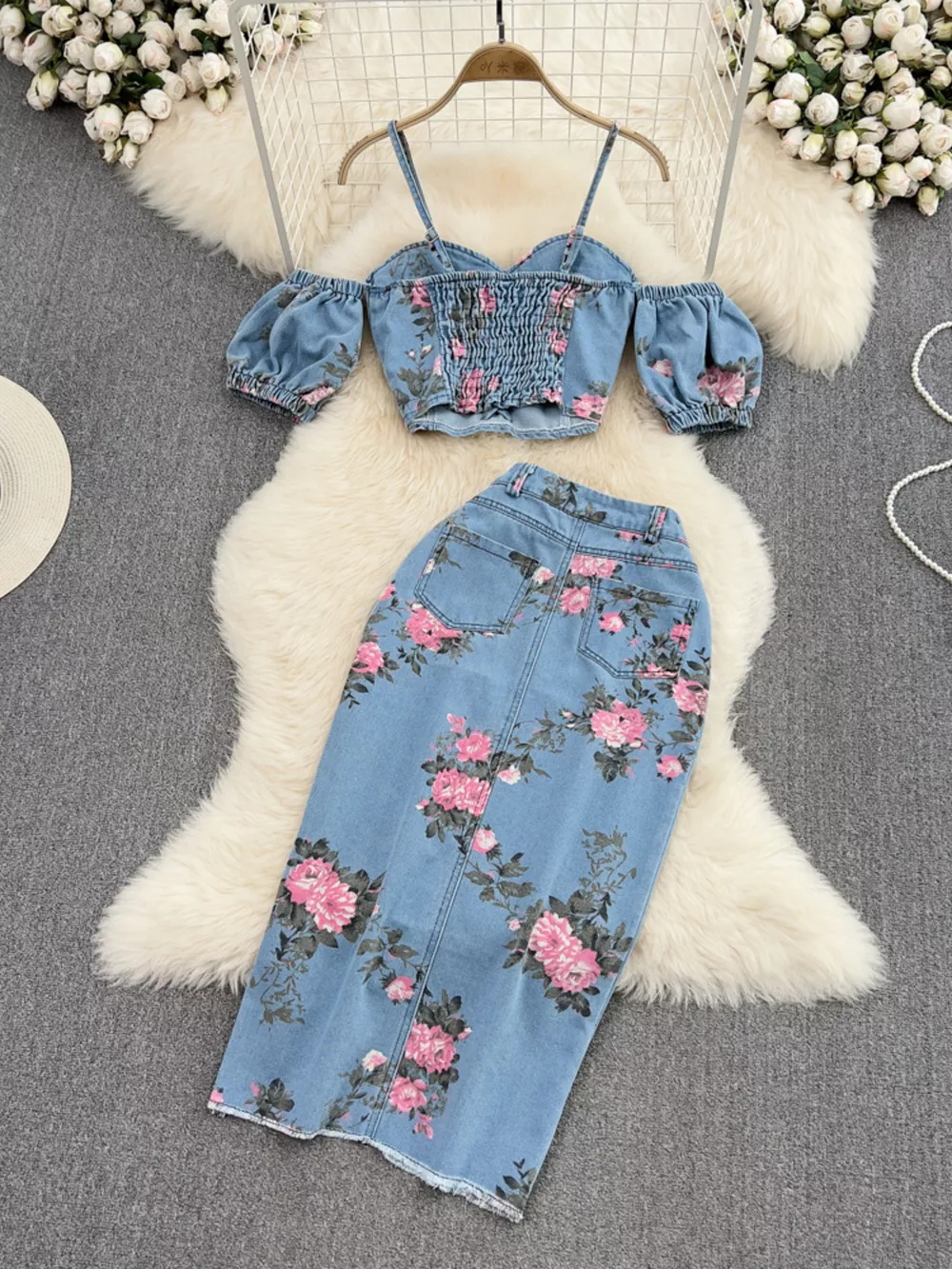 Floral Print Sweetheart Neck Cami and Skirt Denim Set, image 2