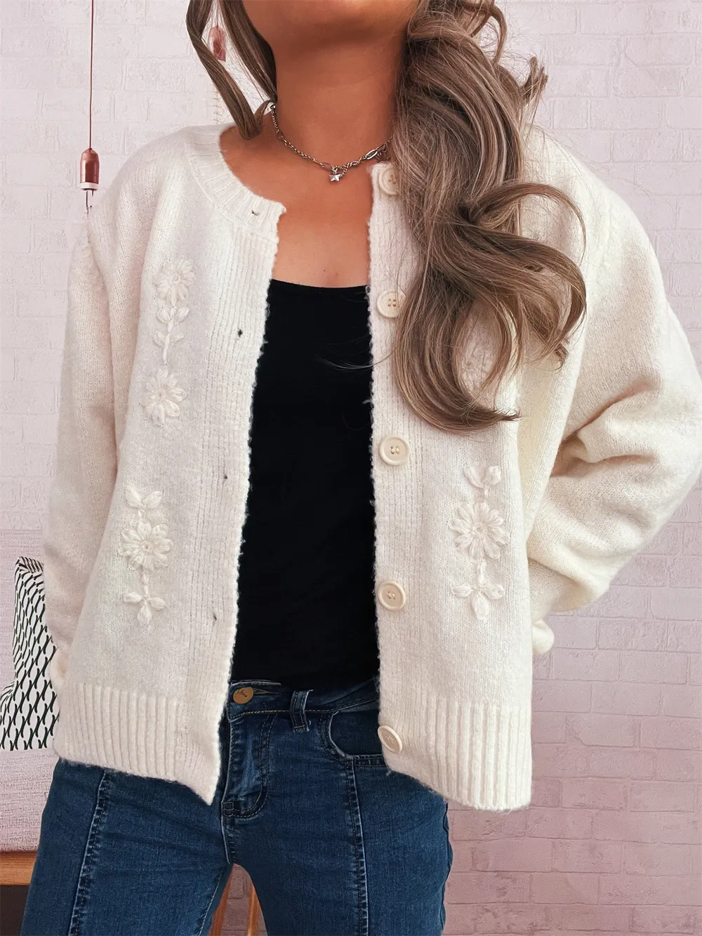 Flower Button Up Ribbed Hem Cardigan, image 5