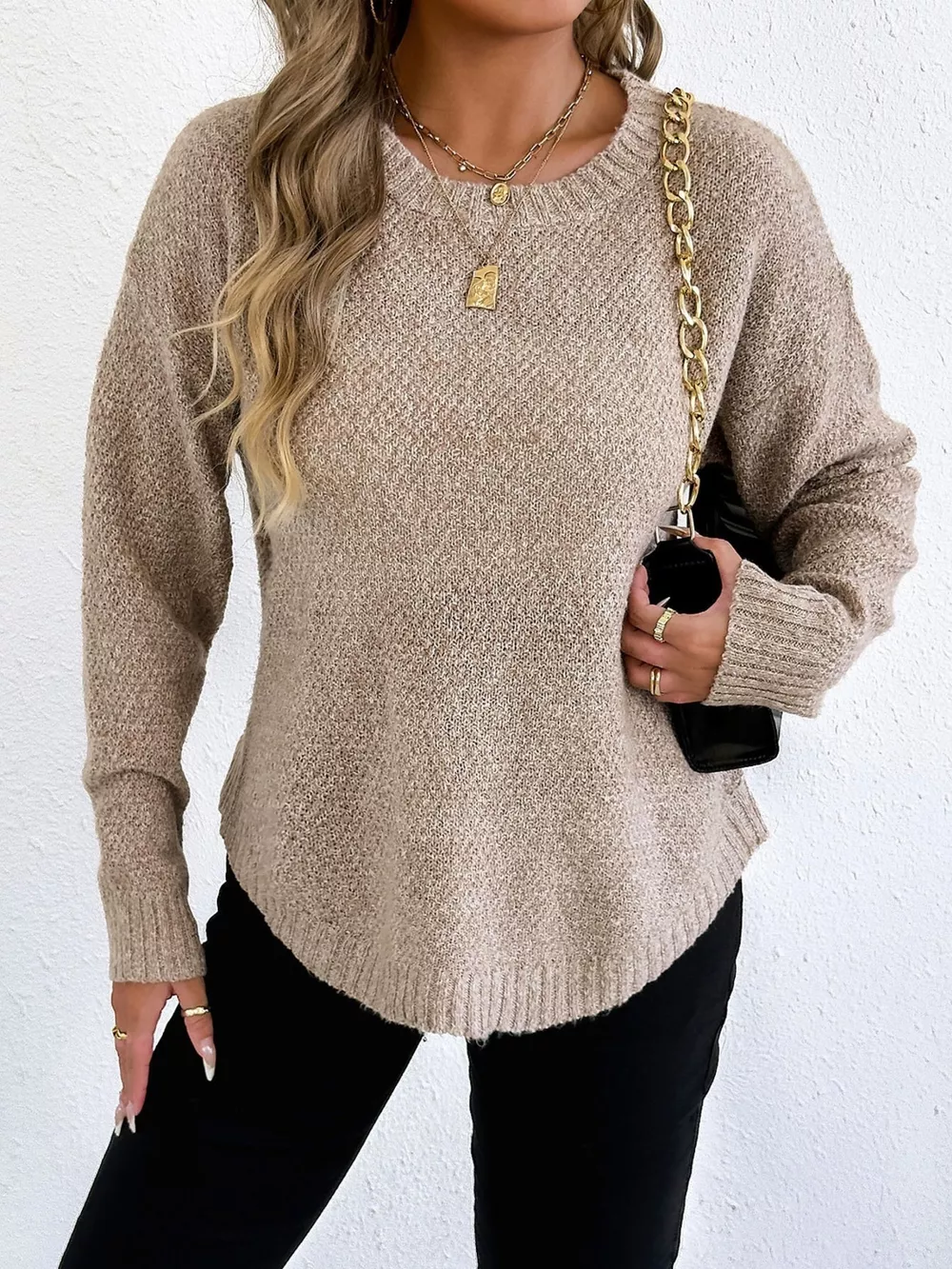 Textured Knit Relaxed Fit Round Neck Sweater, image 5