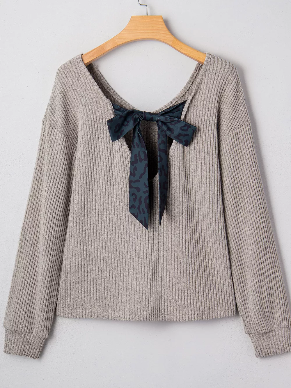 Ribbed V Neck Contrast Ribbon Bow Back Drop Shoulder Long Sleeve Top, image 8