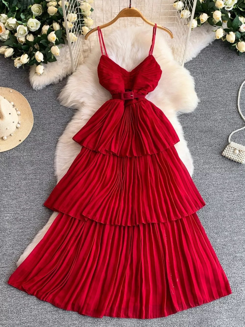 Pleated Layered Spaghetti Strap Midi Dress, image 19