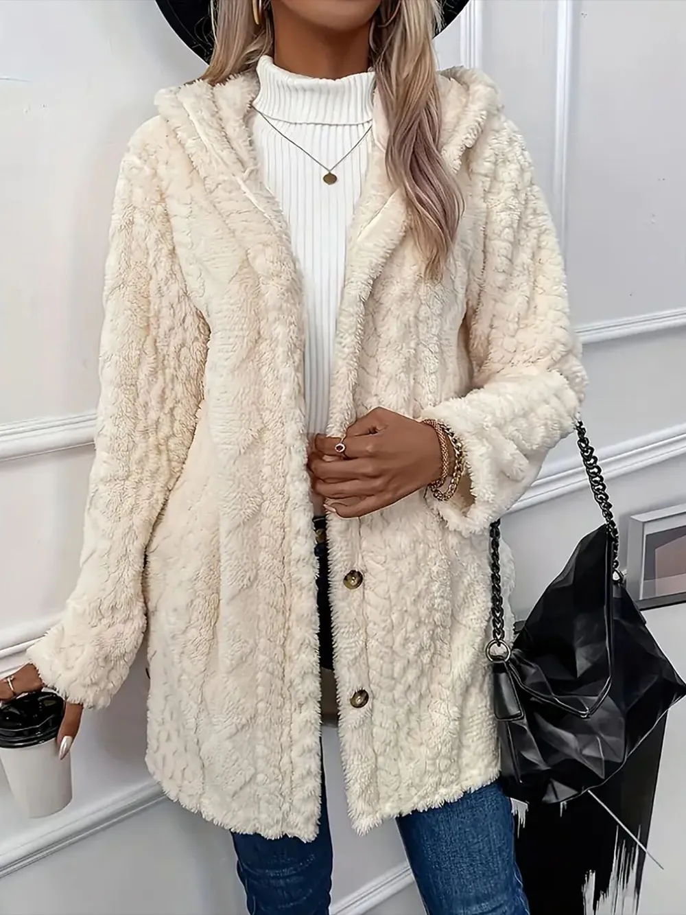 Faux Fur Teddy Coat with Button Front, image 2
