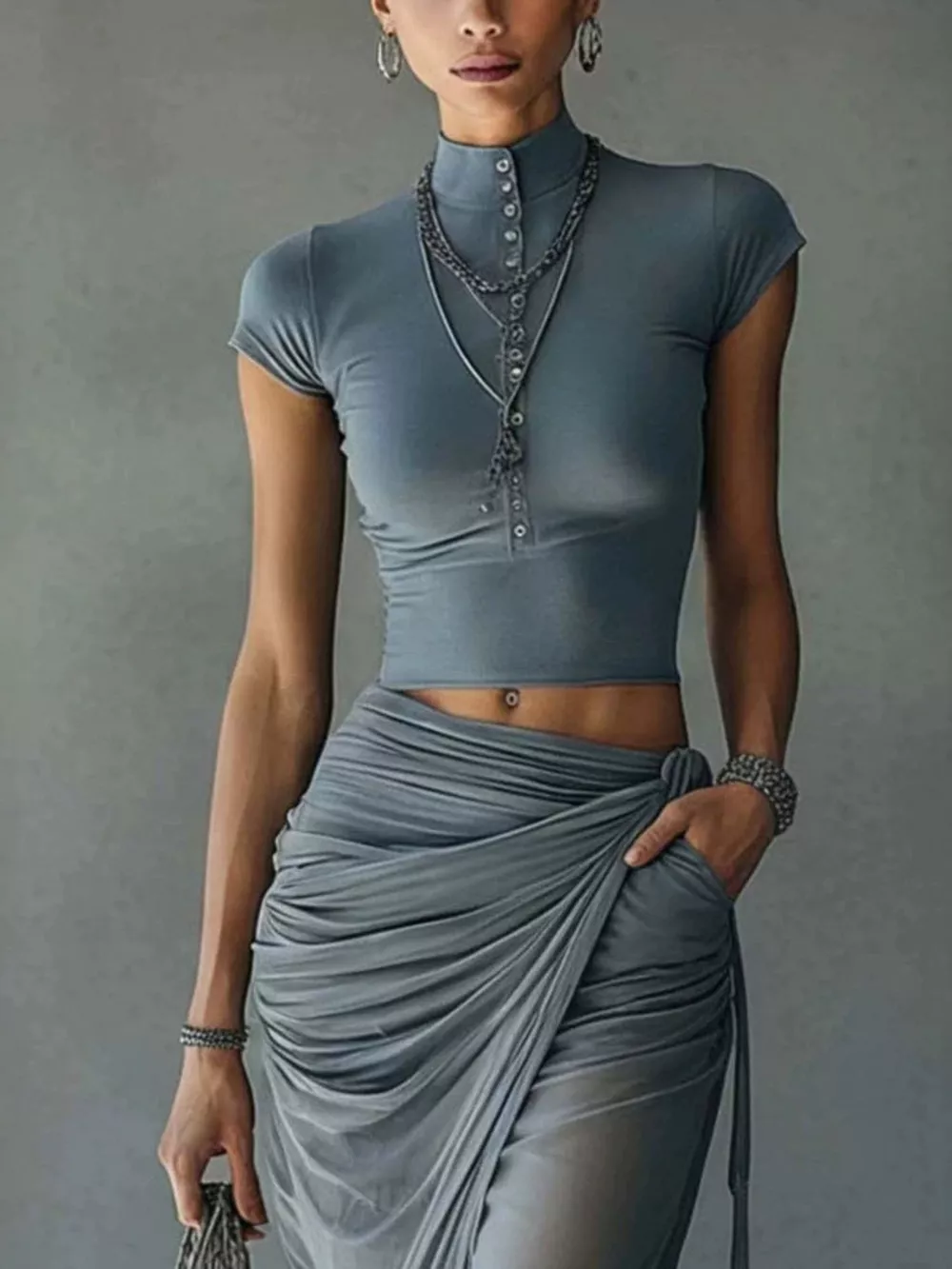 Mock Neck Crop Top and Ruched Maxi Skirt Set, image 3