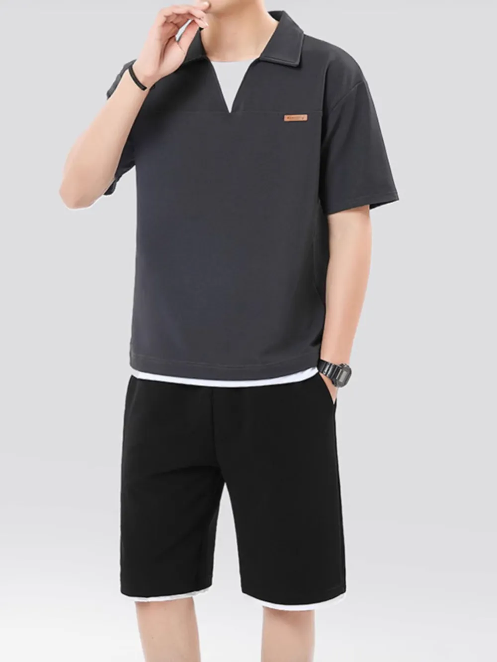 Men's Plus Size Johnny Collar Top and Shorts Set
