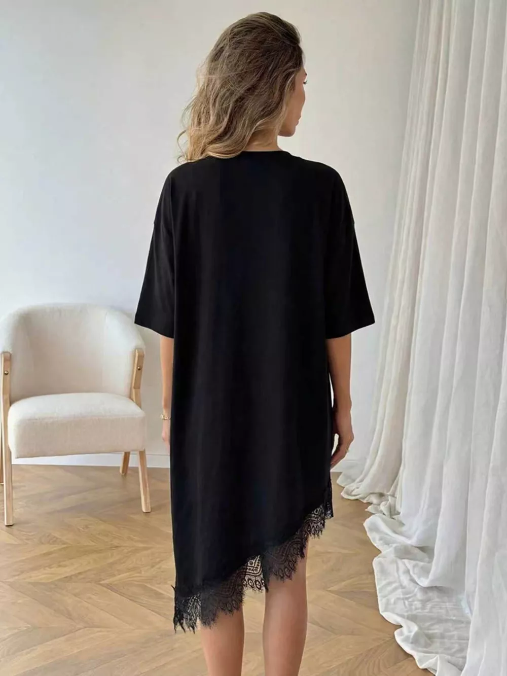 Lace Trim Asymmetrical Hem T-shirt Dress, image 10