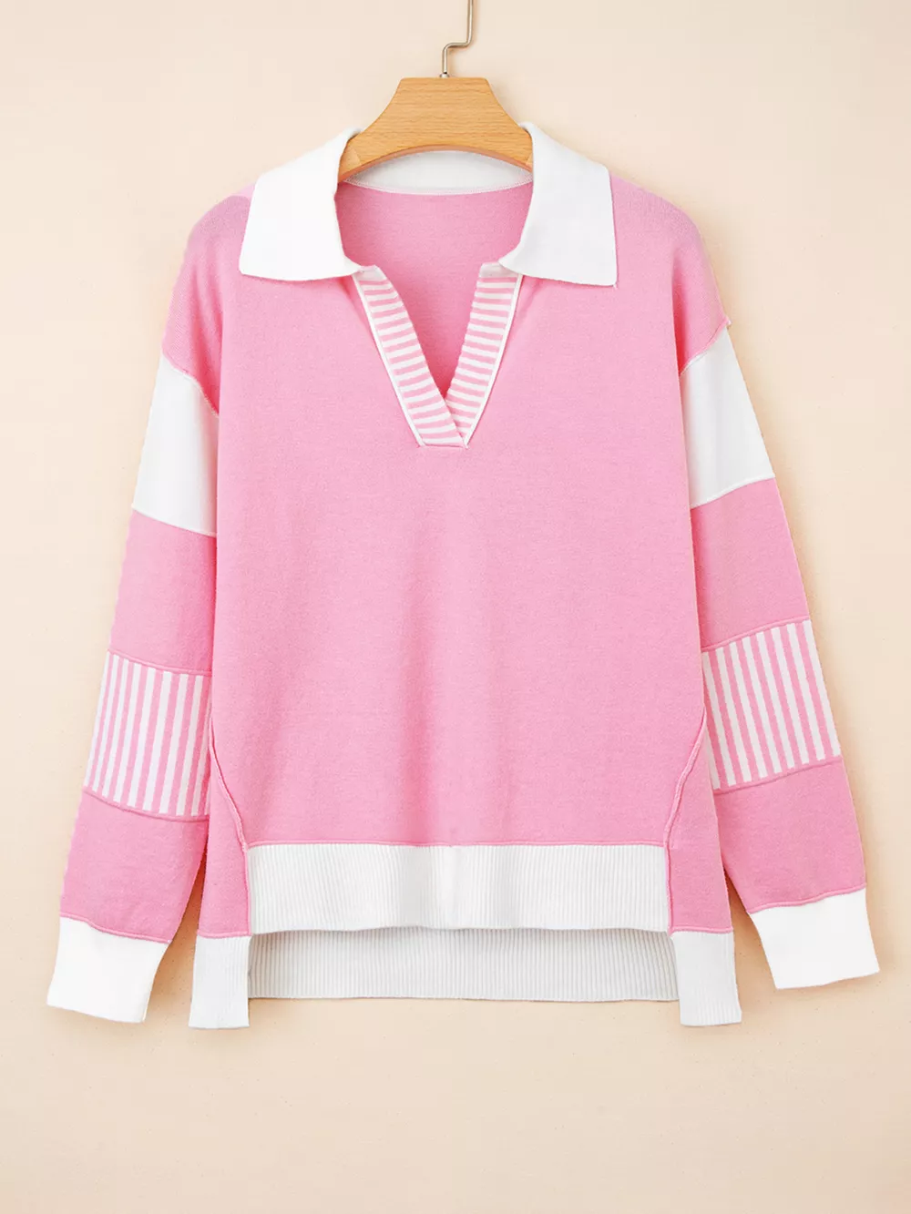 Contrasting Polo Collar Color Block Knit Drop Shoulder Sweater, image 5