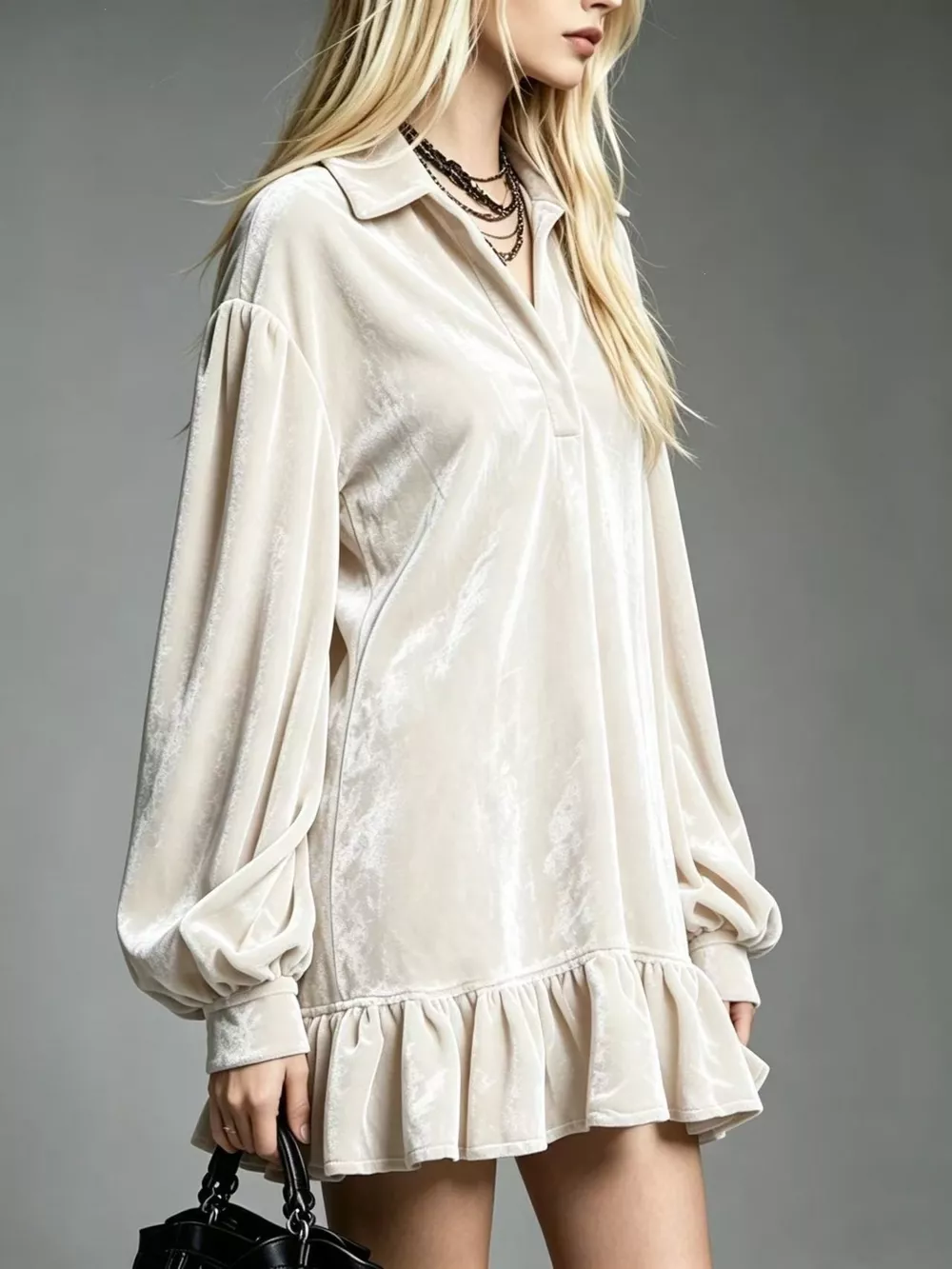 Full Size Velvet Long-Sleeve Ruffle Hem Mini Dress Plus Size, image 18