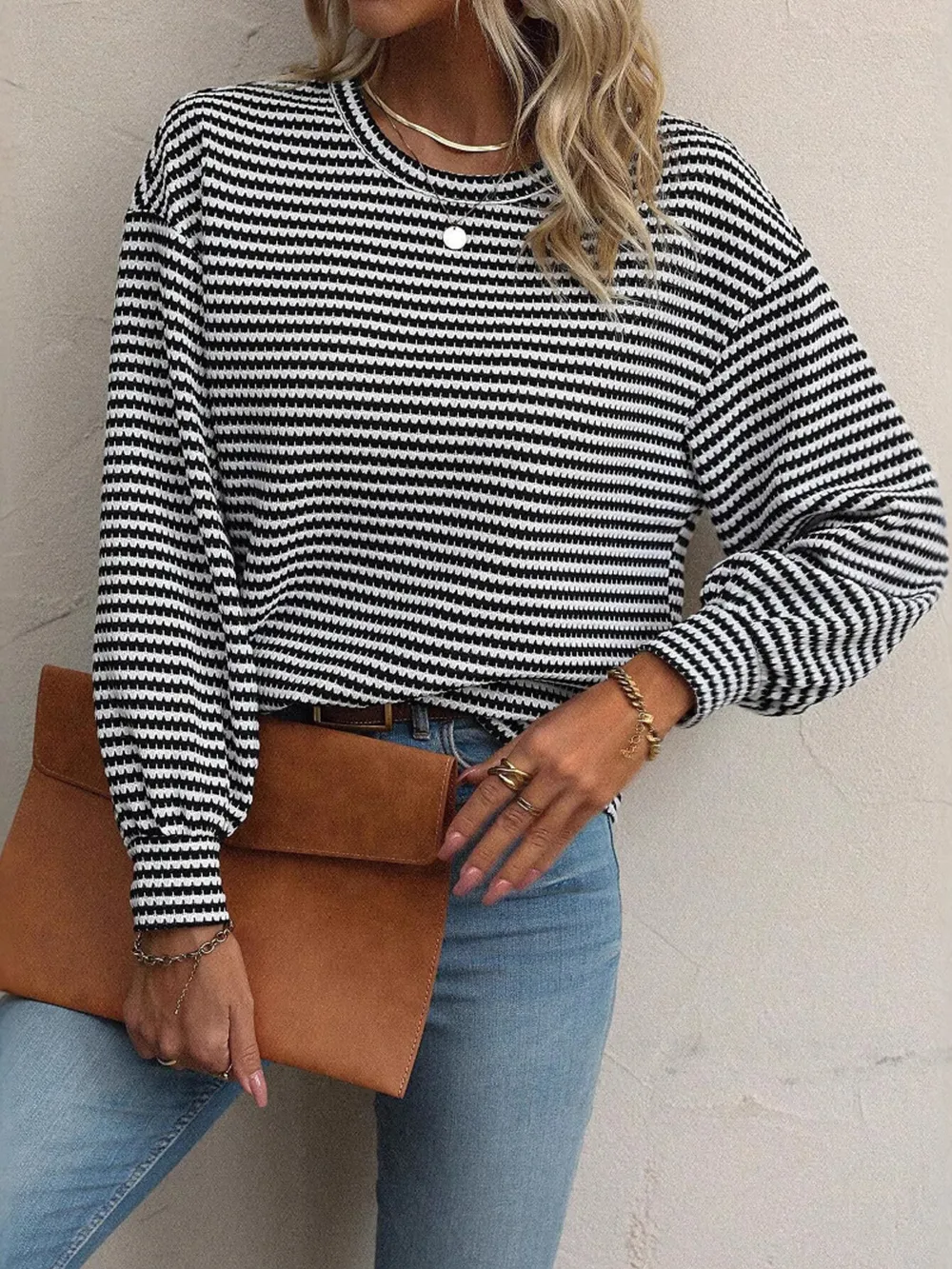 Striped Round Neck Lantern Sleeve Top, image 3
