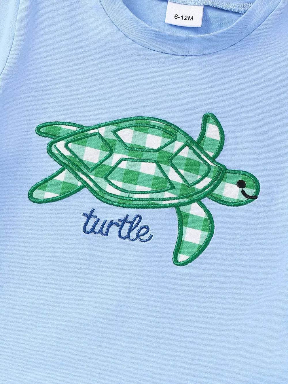 Children's Turtle Round Neck Top and Gingham Shorts Set, image 3