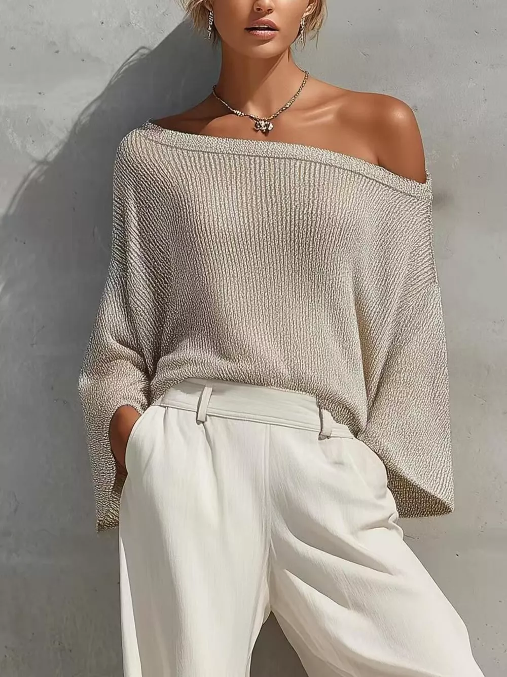 One-Shoulder Knit Top and High-Waisted Pants Set, image 2