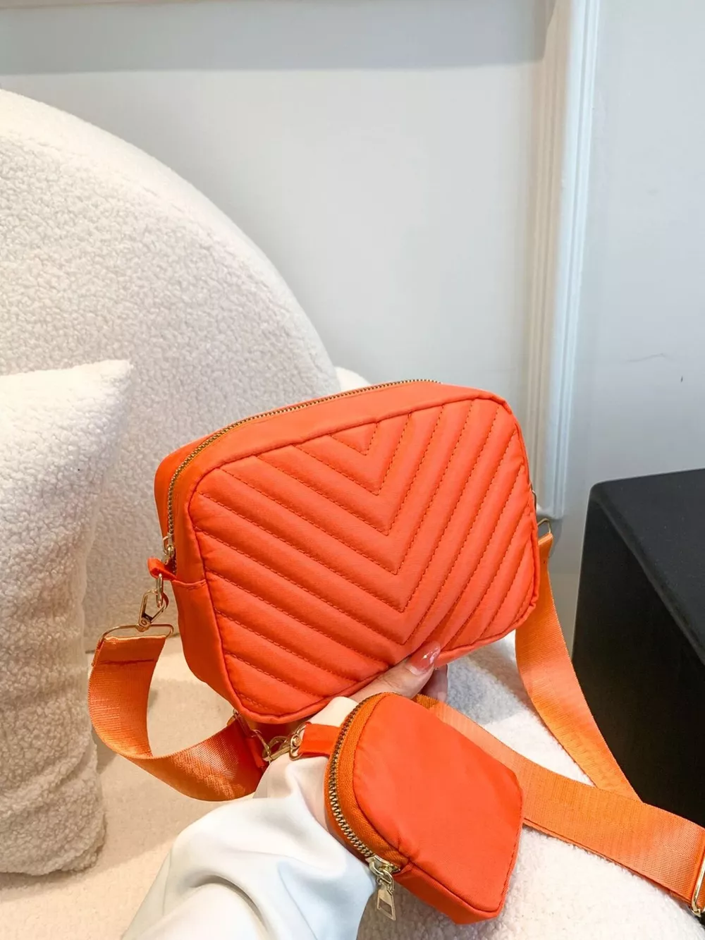 Chevron Quilted Crossbody Bag with Mini Pouch, image 10