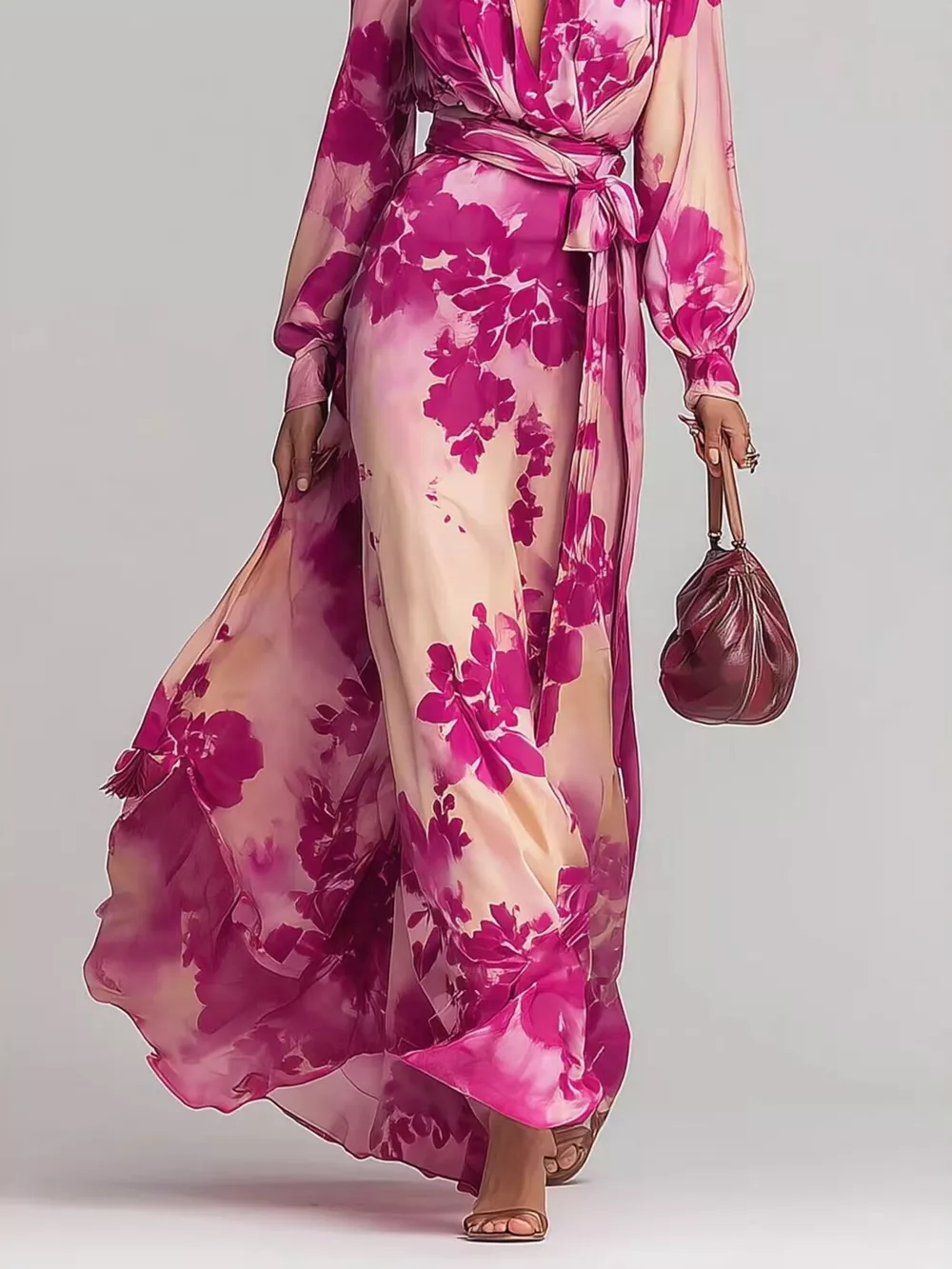 Floral Print Maxi Dress with Waist-Tie Detail, image 4