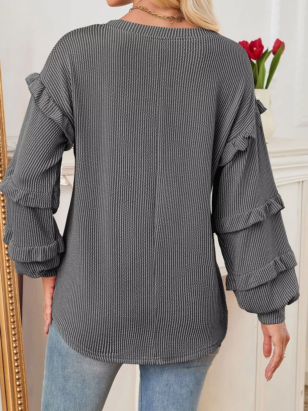 Round Neck Ruffled Long Sleeve Sweatshirt, image 2