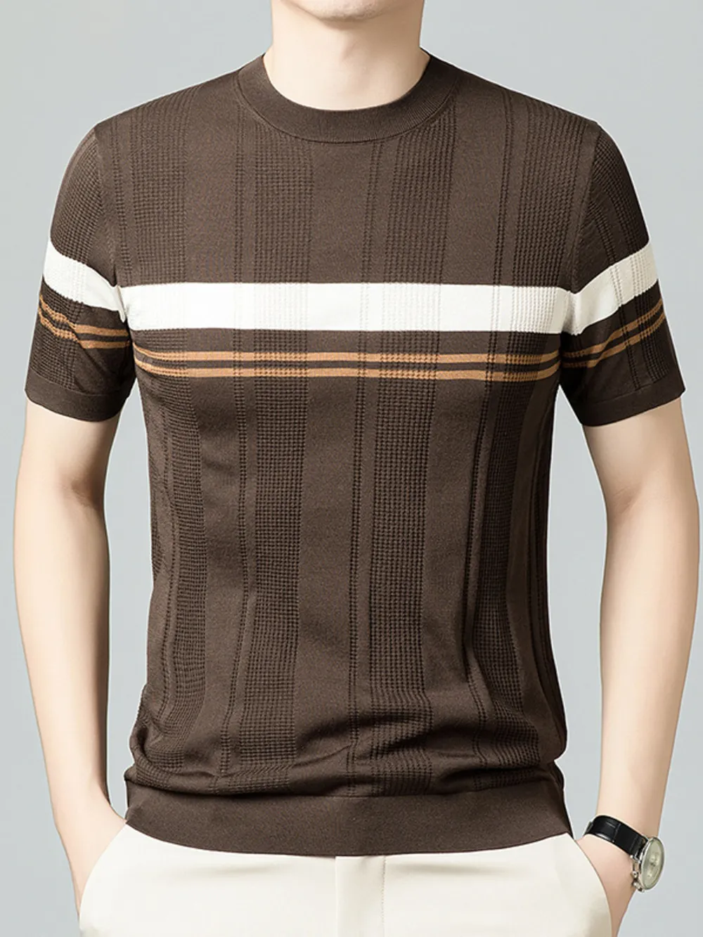 Men's Plus Size Striped Round Neck Short Sleeve T-Shirt, image 6