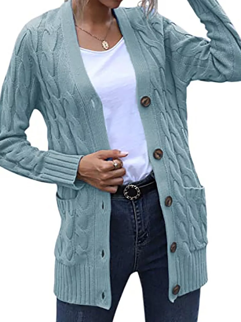 Full Size Chunky Cable Knit Button-Down Cardigan Plus Size, image 4