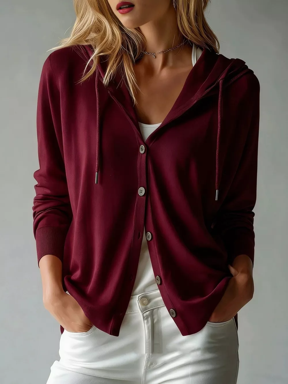 Drawstring Button Down Hooded Cardigan, image 7