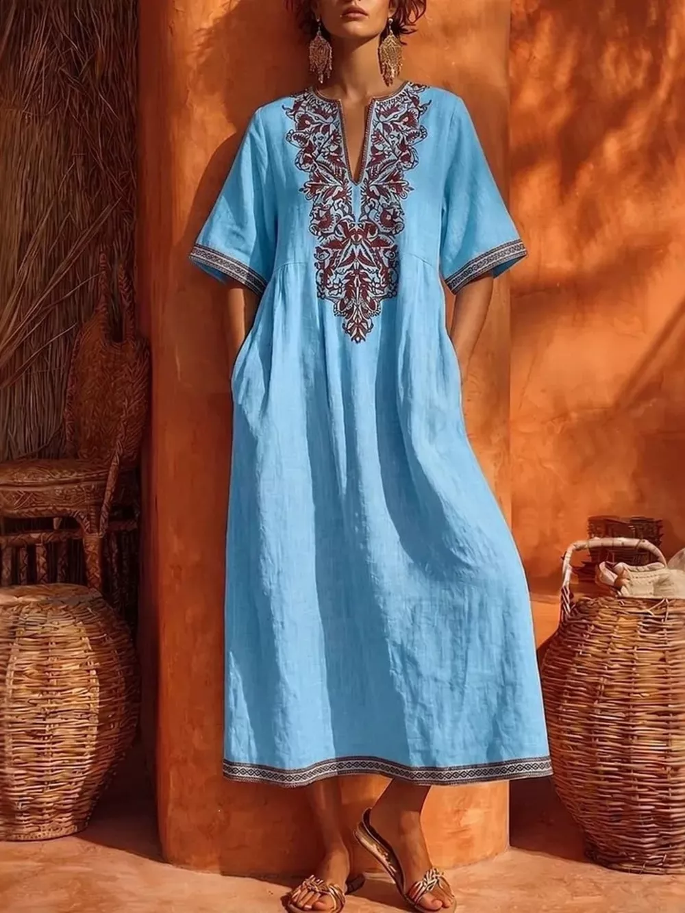 Printed Notched Half Sleeve Midi Dress, image 5