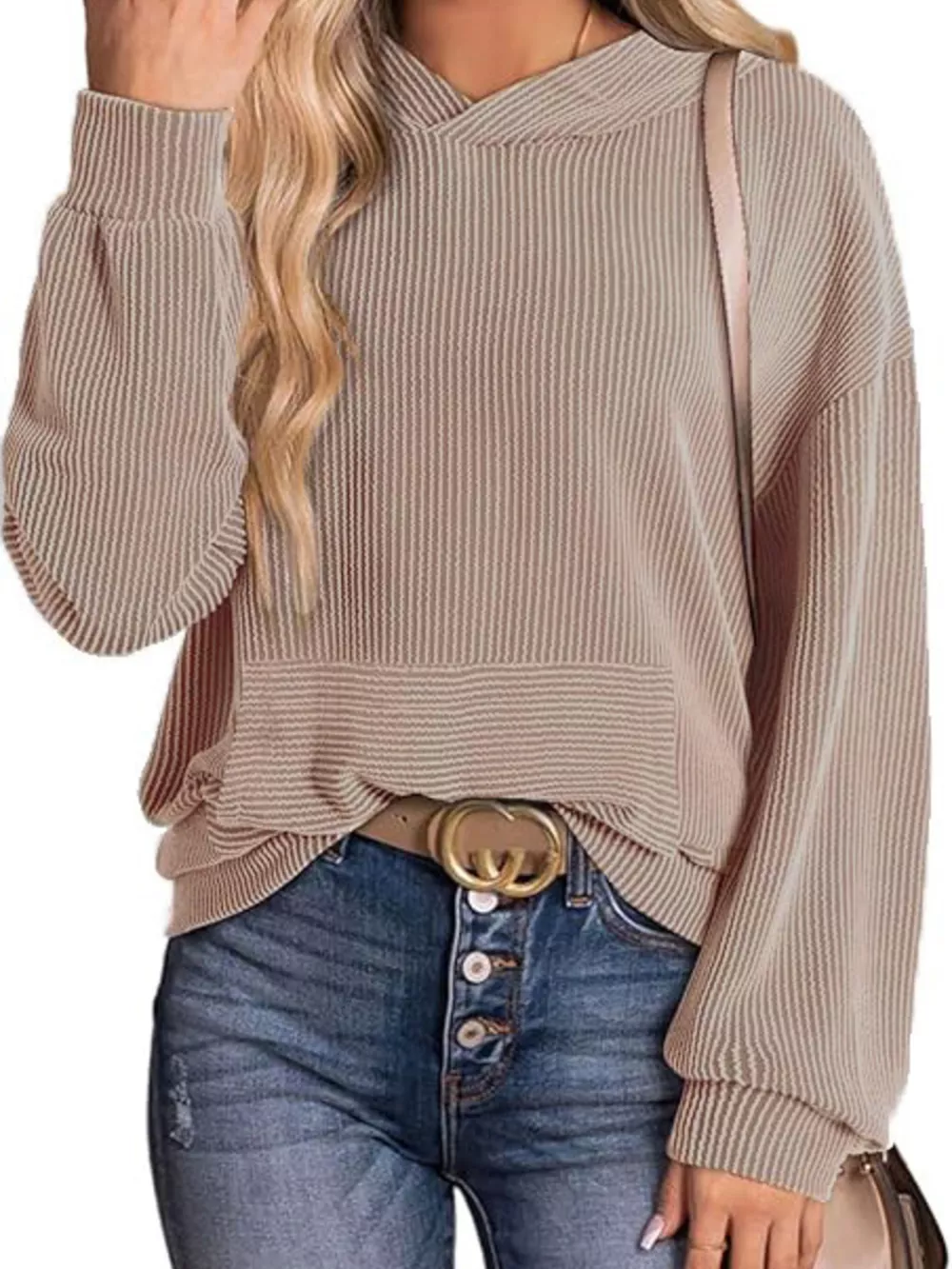 Ribbed Oversized Hoodie Sweatshirt with Pocket, image 17