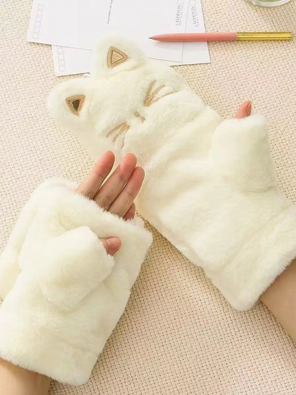 Cat Plush Fingerless Gloves, image 2