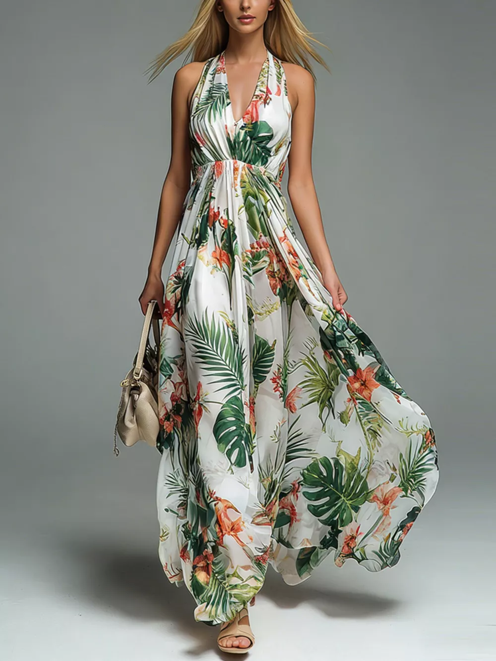 Halter Neck Printed Flowy Maxi Dress, image 3