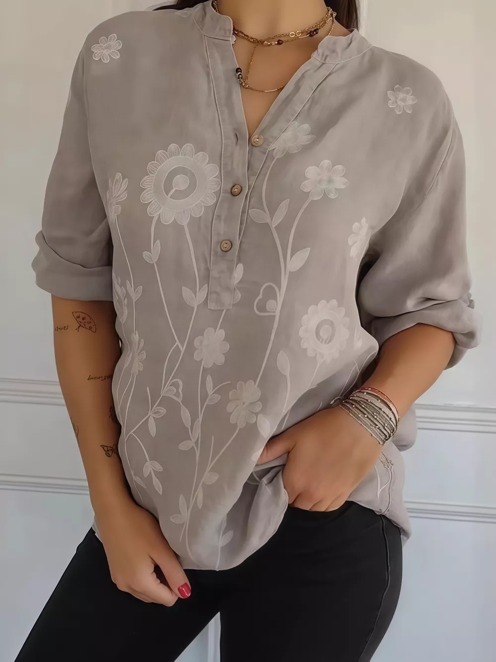Full Size Floral Embroidered Button Detail Blouse Plus Size, image 2