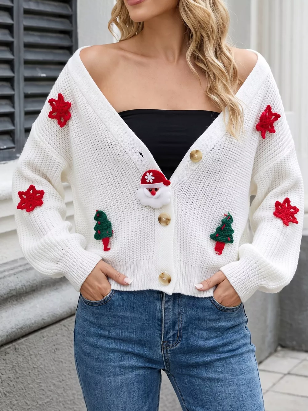 Festive Christmas Applique V-Neck Knit Cardigan, image 4