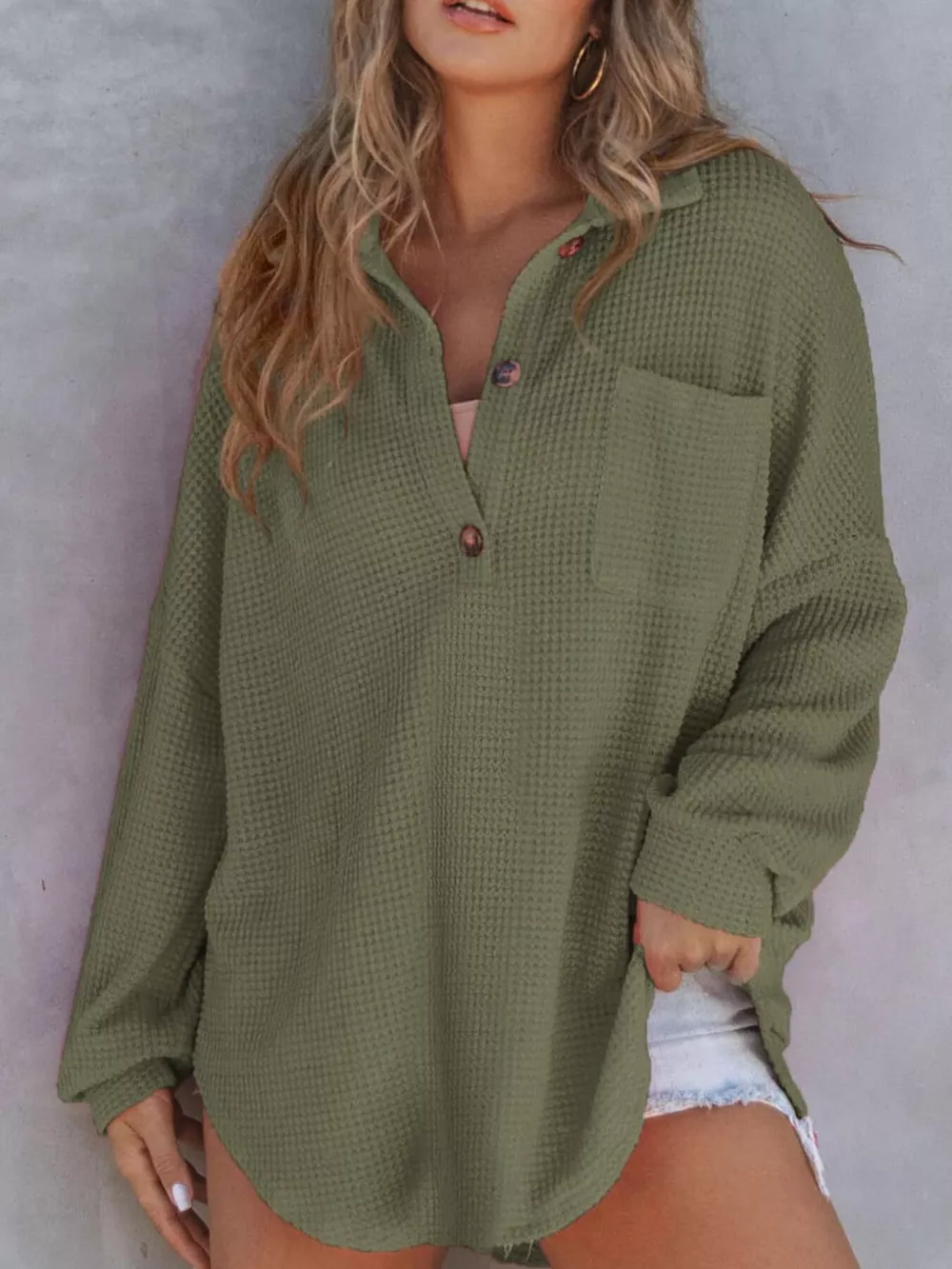 Casual Waffle Knit Button Detail Blouse, image 24