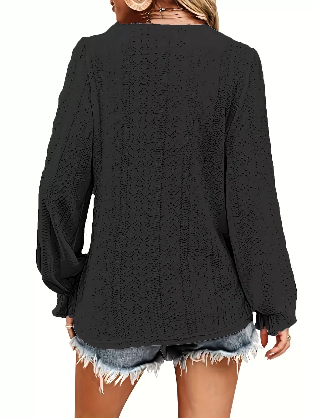 Plus Size Eyelet V-Neck Flounce Sleeve Blouse, image 5