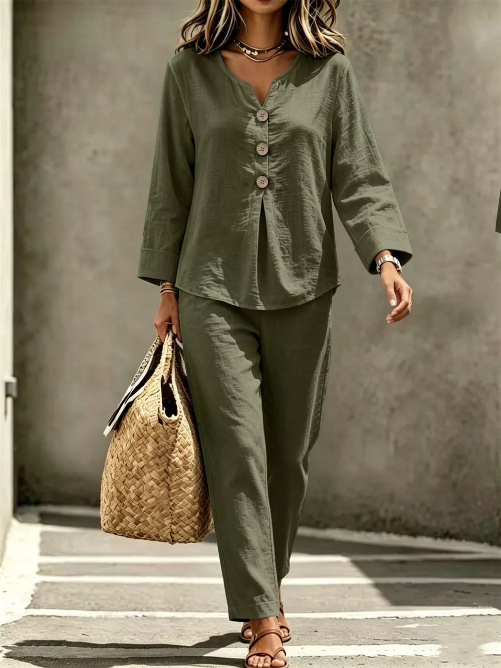 Button Detail Long Sleeve Top and Pants Set, image 4