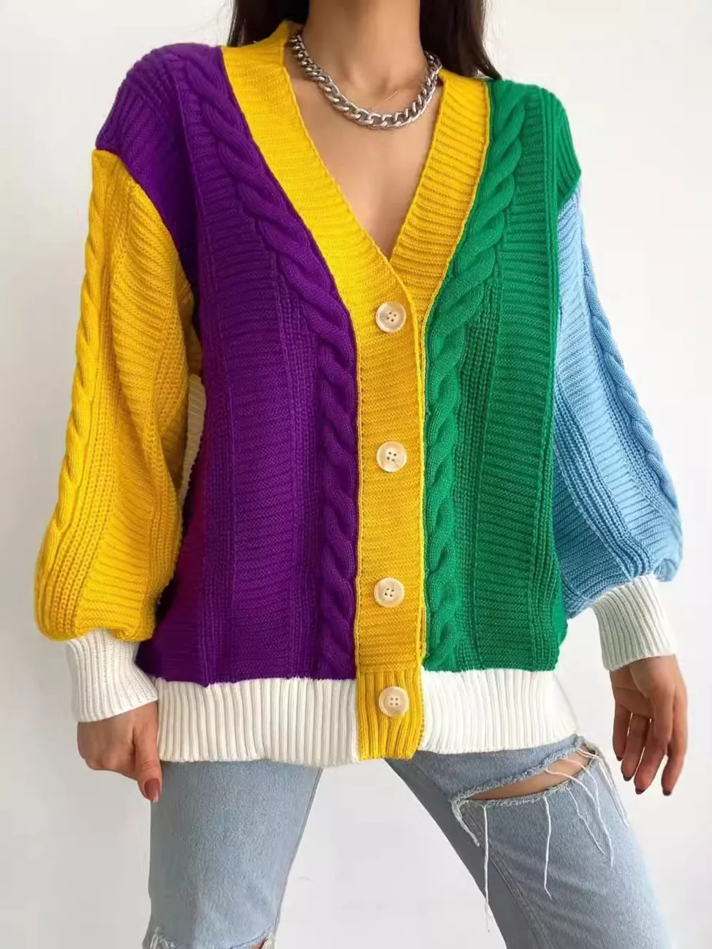 Color Block Button Down Cable-Knit Cardigan, image 3