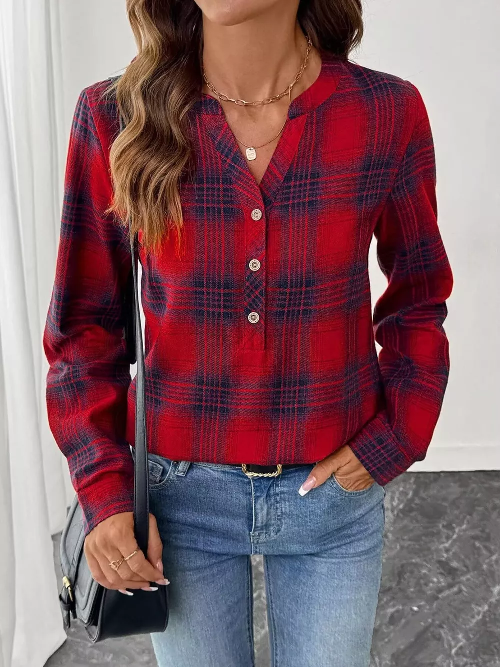 Plaid Half Button Long Sleeve Blouse, image 8