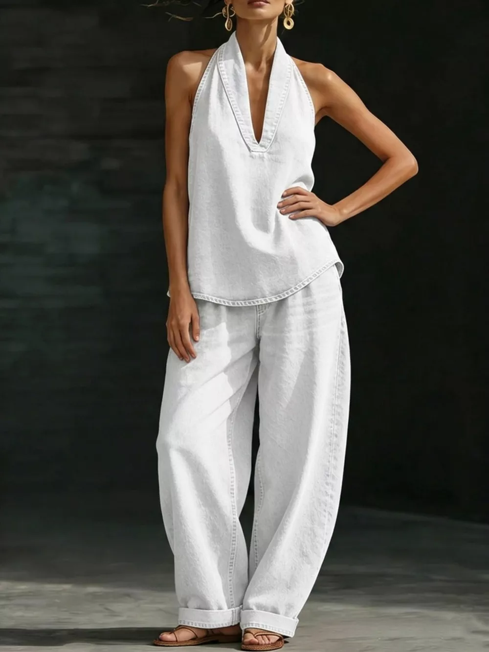 Full Size Halter Neck Top and Wide Leg Pants Plus Size, image 9