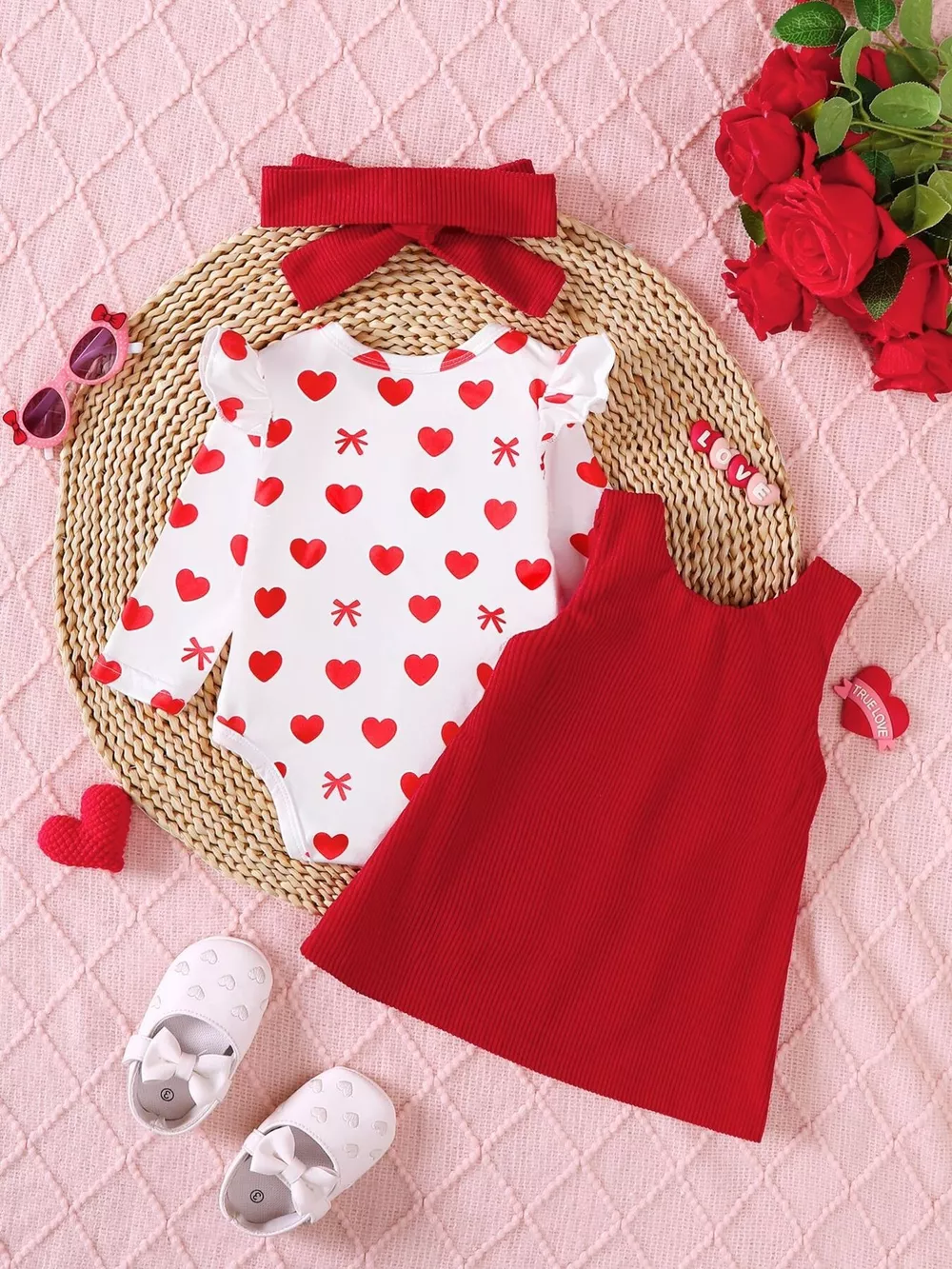 Children's Heart Print Bodysuit and Dress Outfit Set with Headband, image 7