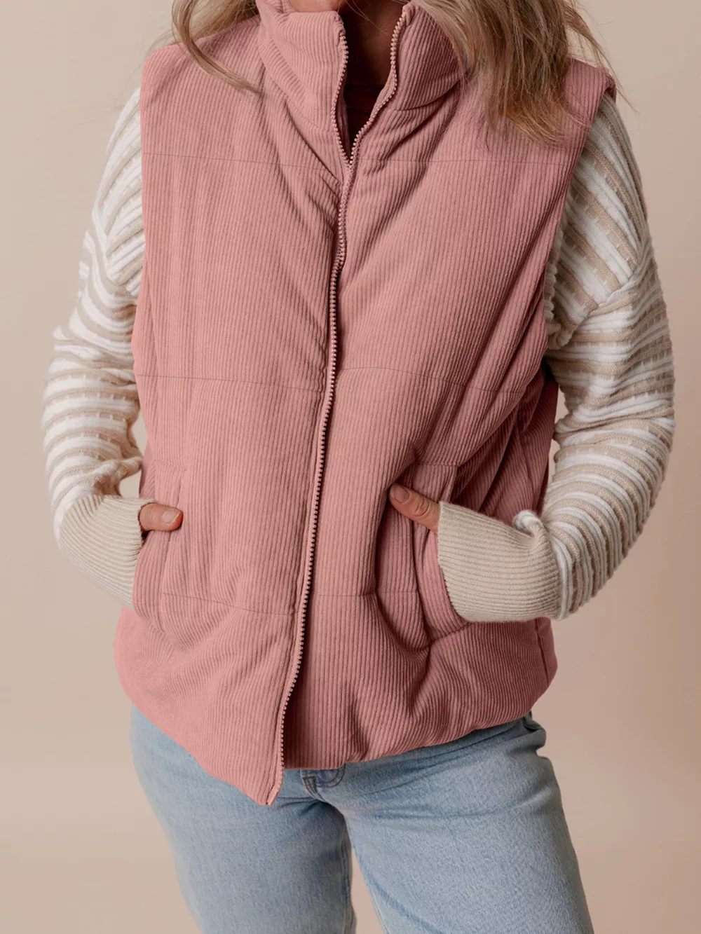 Corduroy Stand Neck Zipped Puffer Vest, image 8