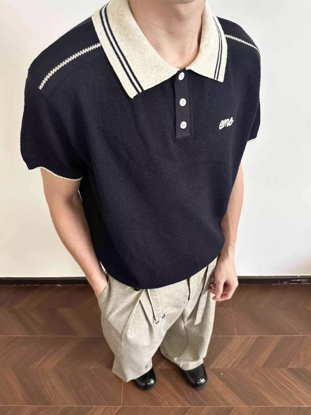 Men's Retro Knitted Polo with Embroidered Logo, image 2