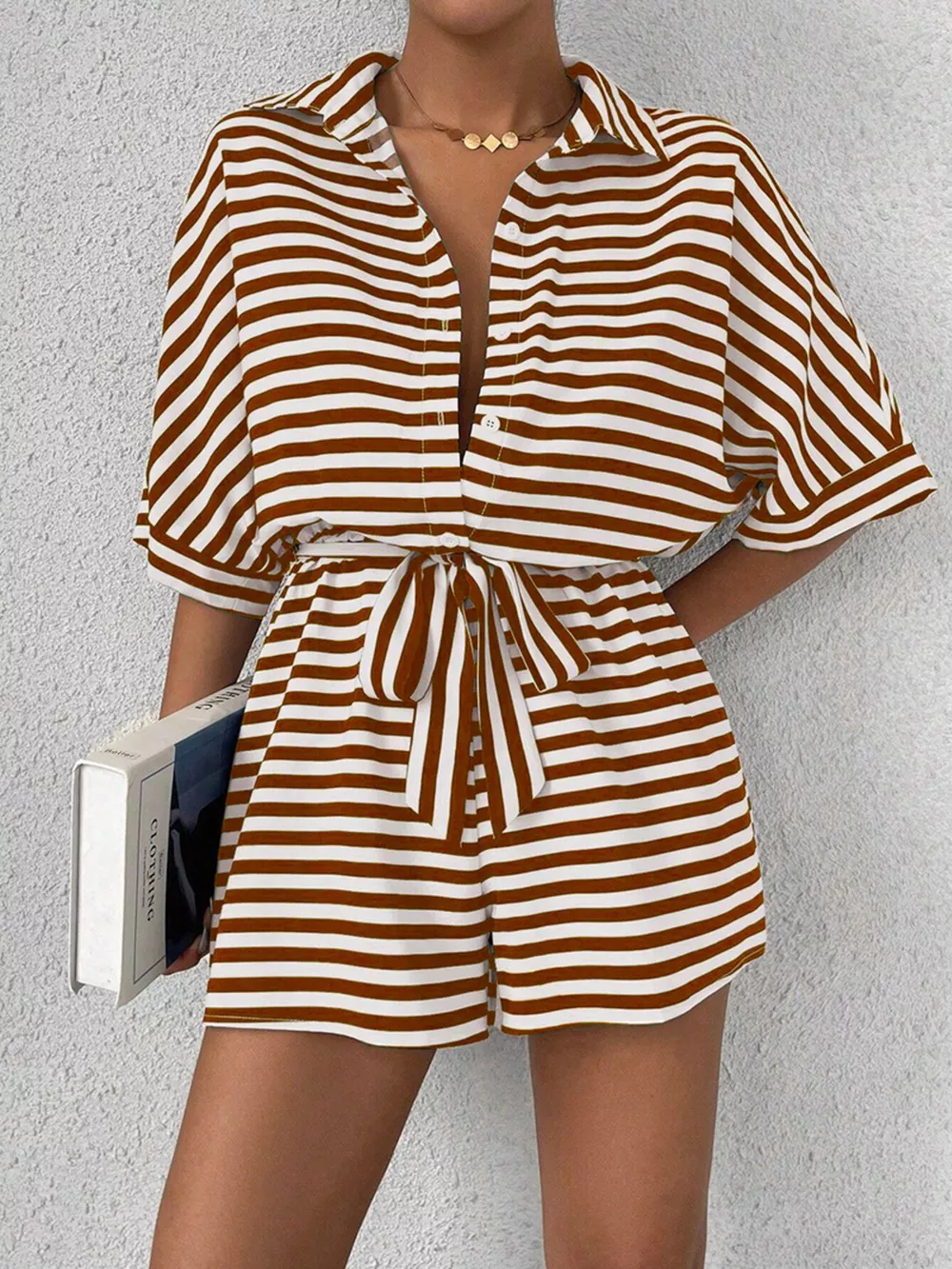 Striped Button Front Half Sleeve Romper, image 12