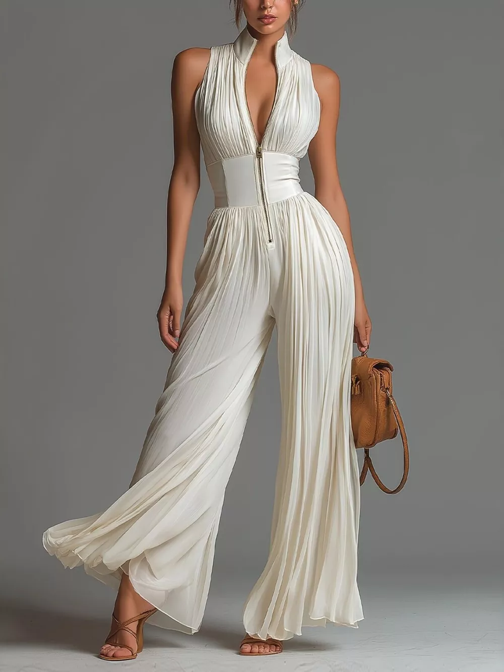 Sleeveless Pleated Jumpsuit with Front Zipper, image 2