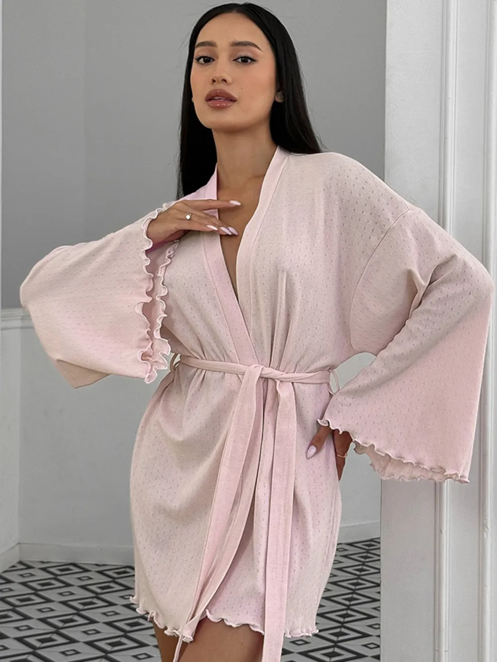 Tie Waist Kimono Sleeve Lounge Nightgown