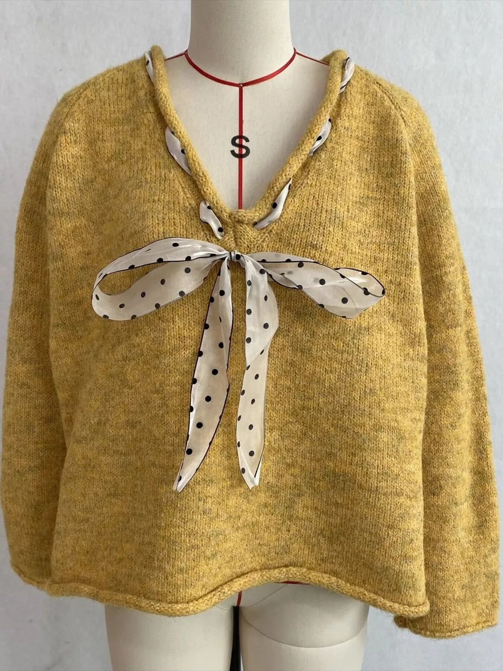 Chic V-Neck Sweater with Polka Dot Ribbon Tie, image 25