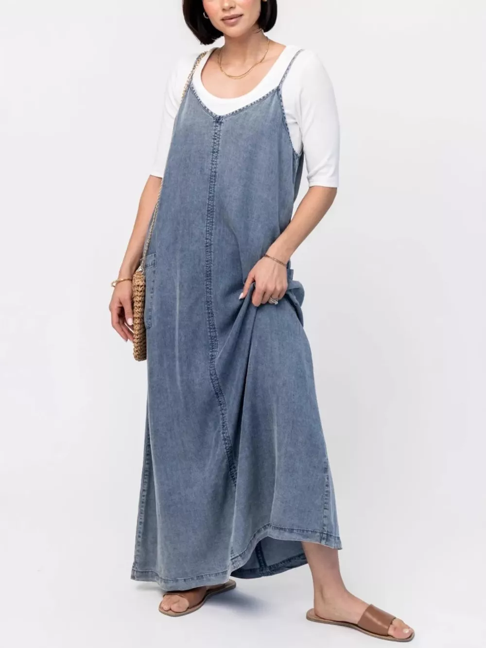 Casual Washed Denim Cami Maxi Dress, image 2