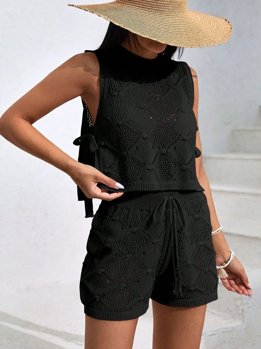 Diamond Pattern Sleeveless Top and Shorts Knit Set, image 5