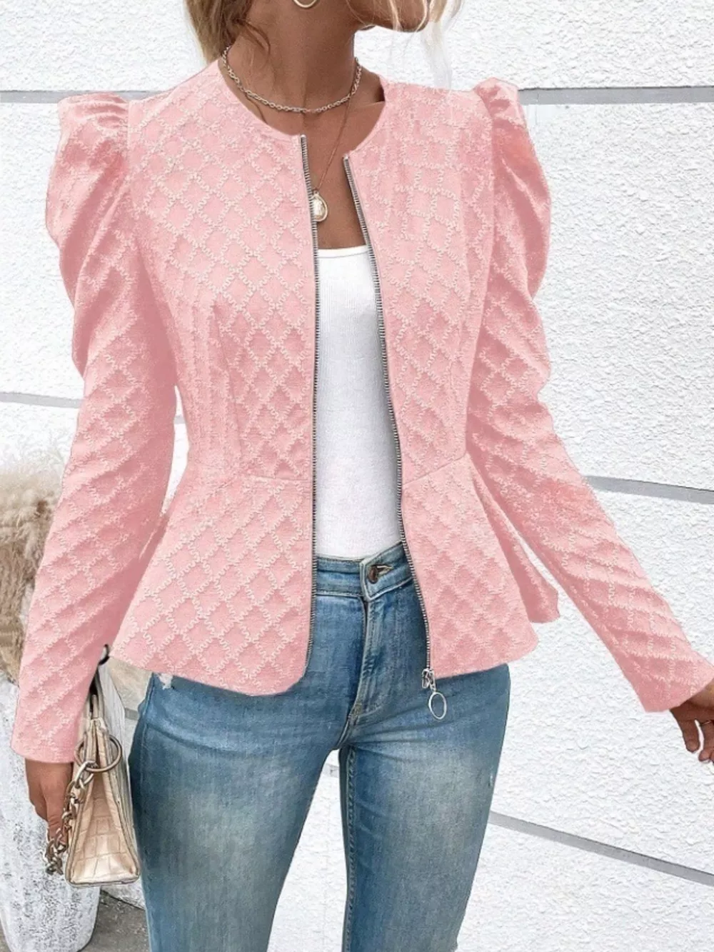 Puff Sleeve Textured Jacquard Jacket, image 7