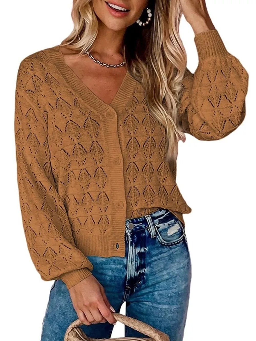 Chic V-Neck Openwork Button-Down Knit Cardigan, image 4