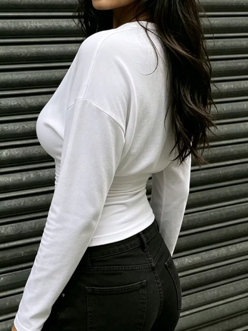 Slim Fit V-Neck Long Sleeve Ruched T-Shirt, image 4