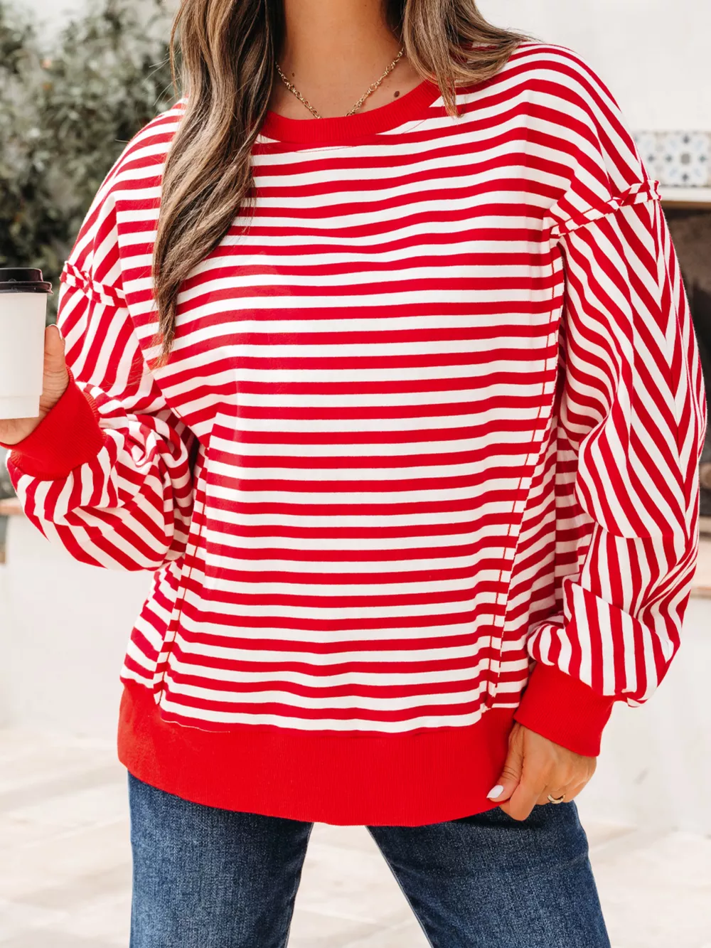 Stripe Exposed Seam Drop Shoulder Casual Top, image 6