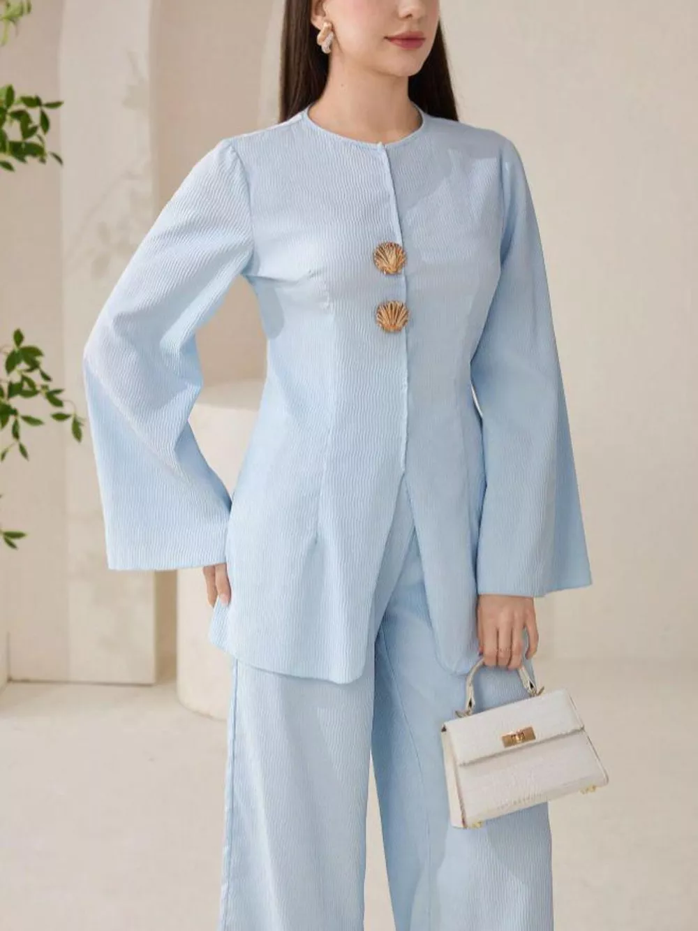 Shell Button Long Sleeve Shirt and Pants Set