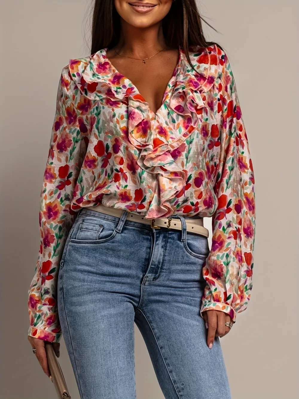 Floral Print Ruffle V-Neck Long Sleeve Blouse, image 3