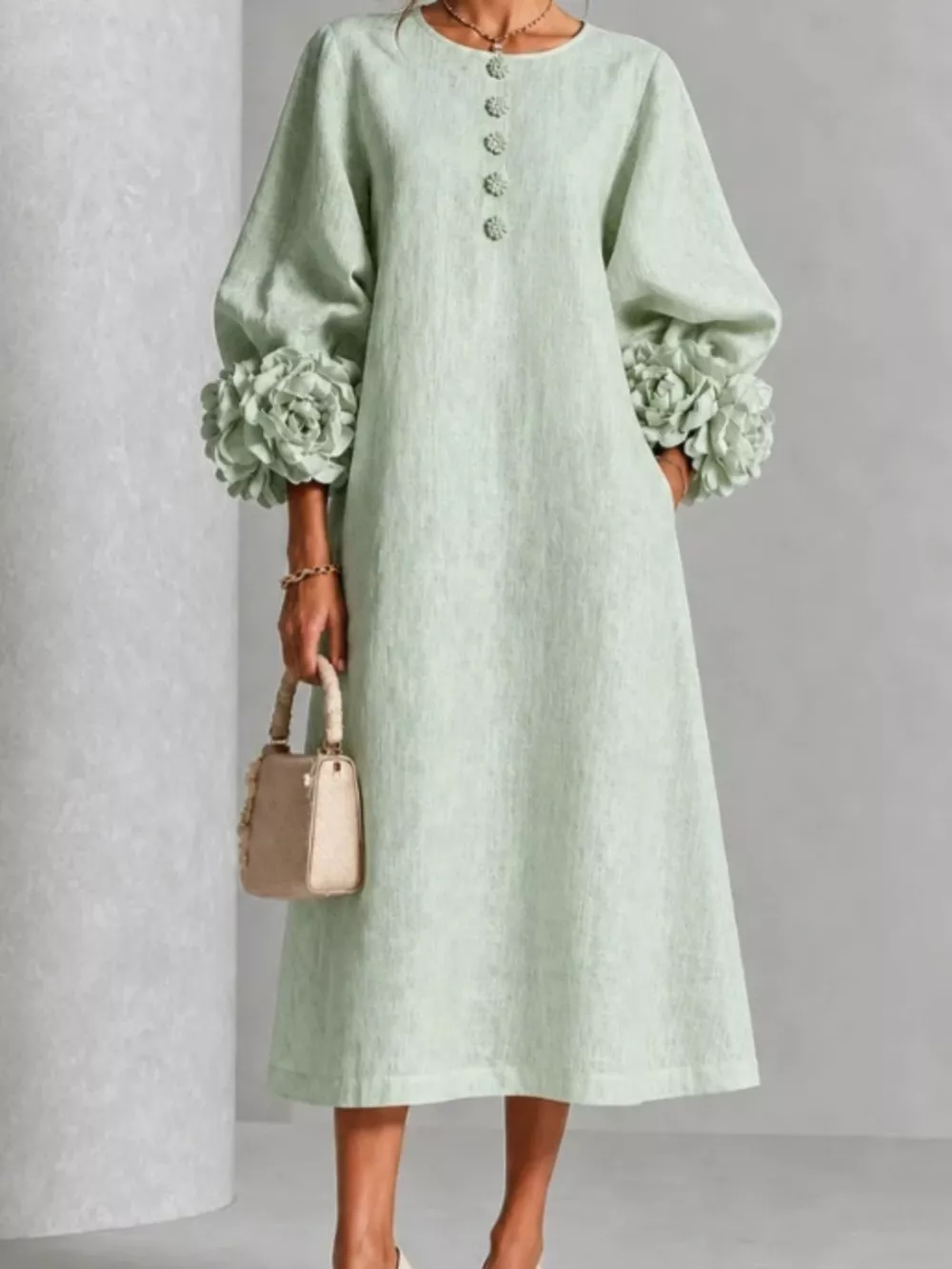 3D Floral Round Neck Midi Dress, image 10
